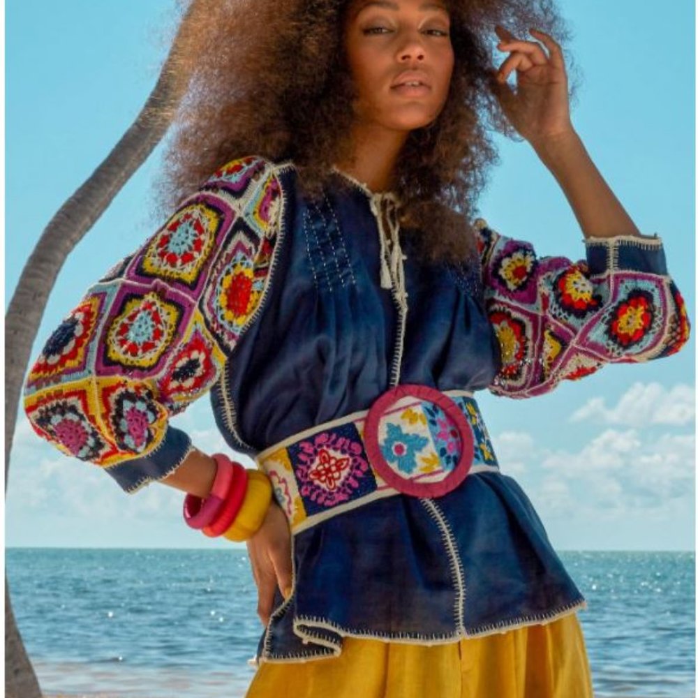 Oaxaca Crochet Blouse -Cotton top featuring crochet patchwork sleeves